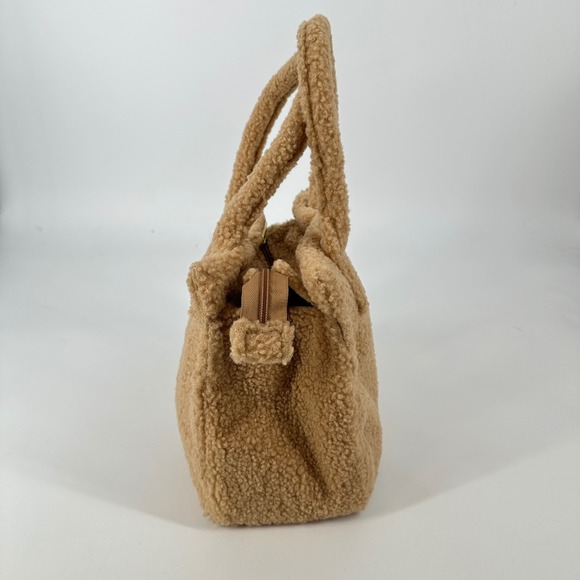 J. Crew Small Sherpa Teddy Bear Fur Tote Bag Camel Tan Top Handle Zipper Closure - Picture 2 of 7